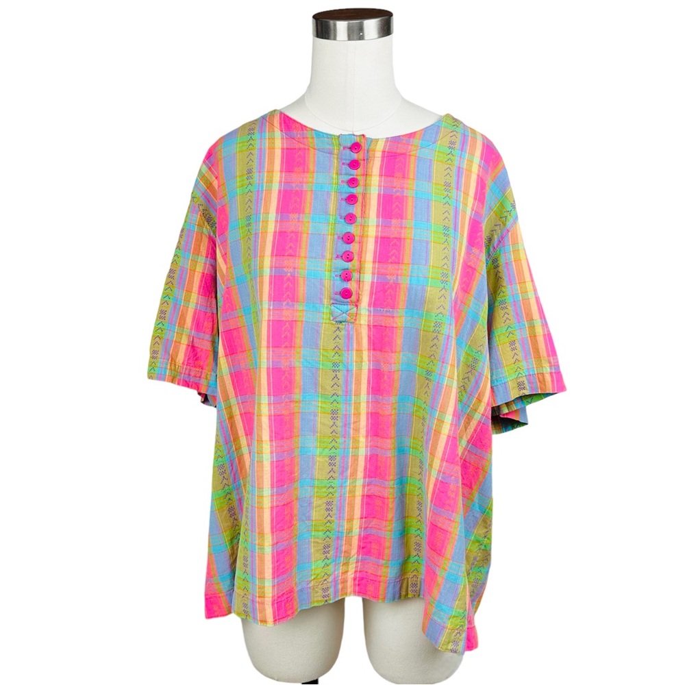 Vintage 80’s Cottagecore  Rainbow Plaid Short Sleeve Oversized Pullover Blouse - Picture 12 of 12